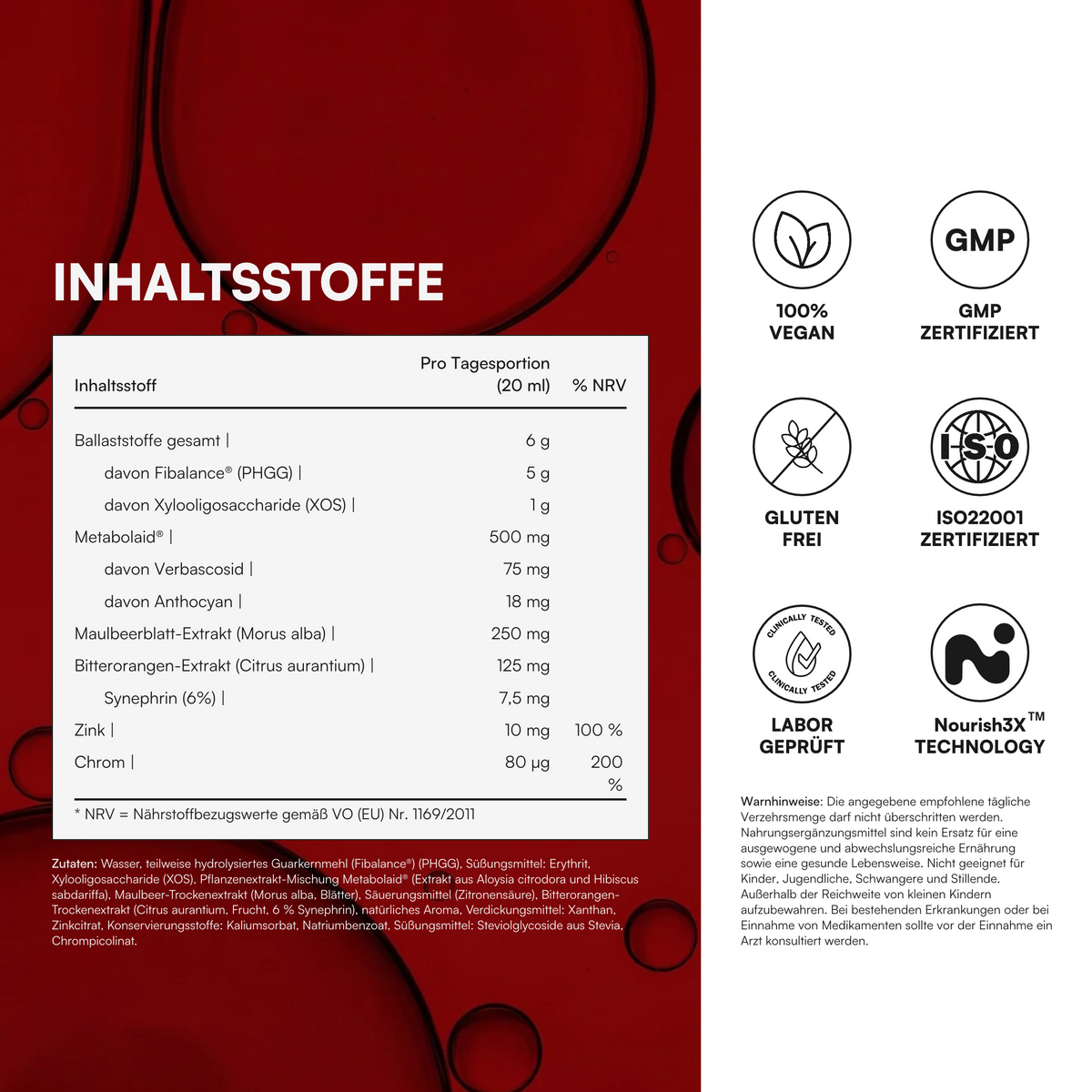 Inhaltsstoffe und Zertifikate von noumi Metabolic-1: vegan, glutenfrei, GMP- und ISO-zertifiziert