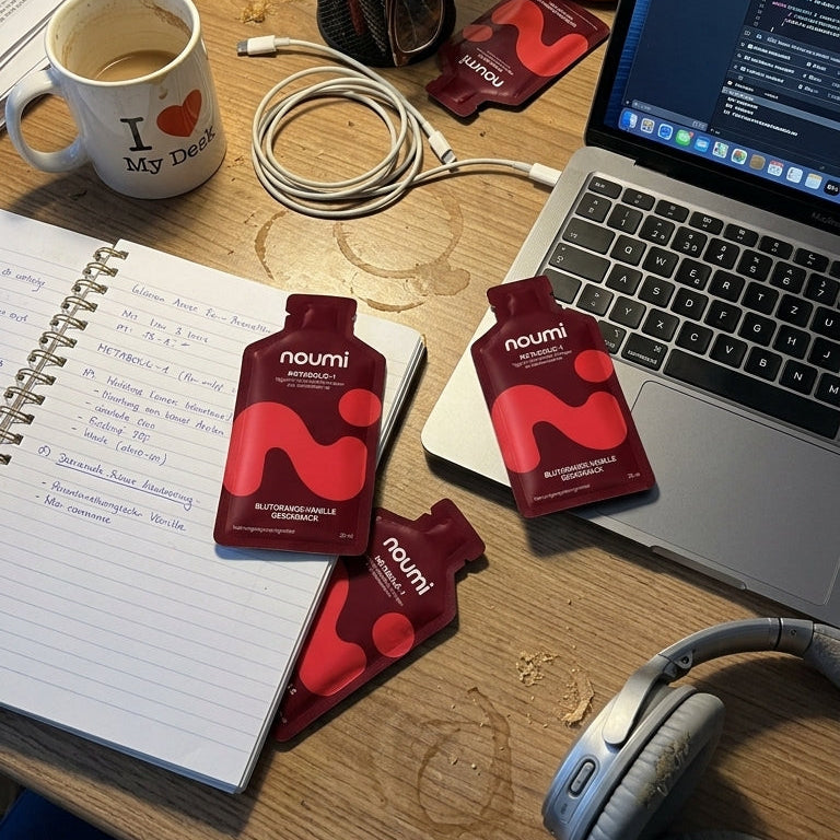 noumi Metabolic-1 Sachets auf einem Schreibtisch mit Laptop, Kaffeebecher, Notizbuch und Kopfhörern