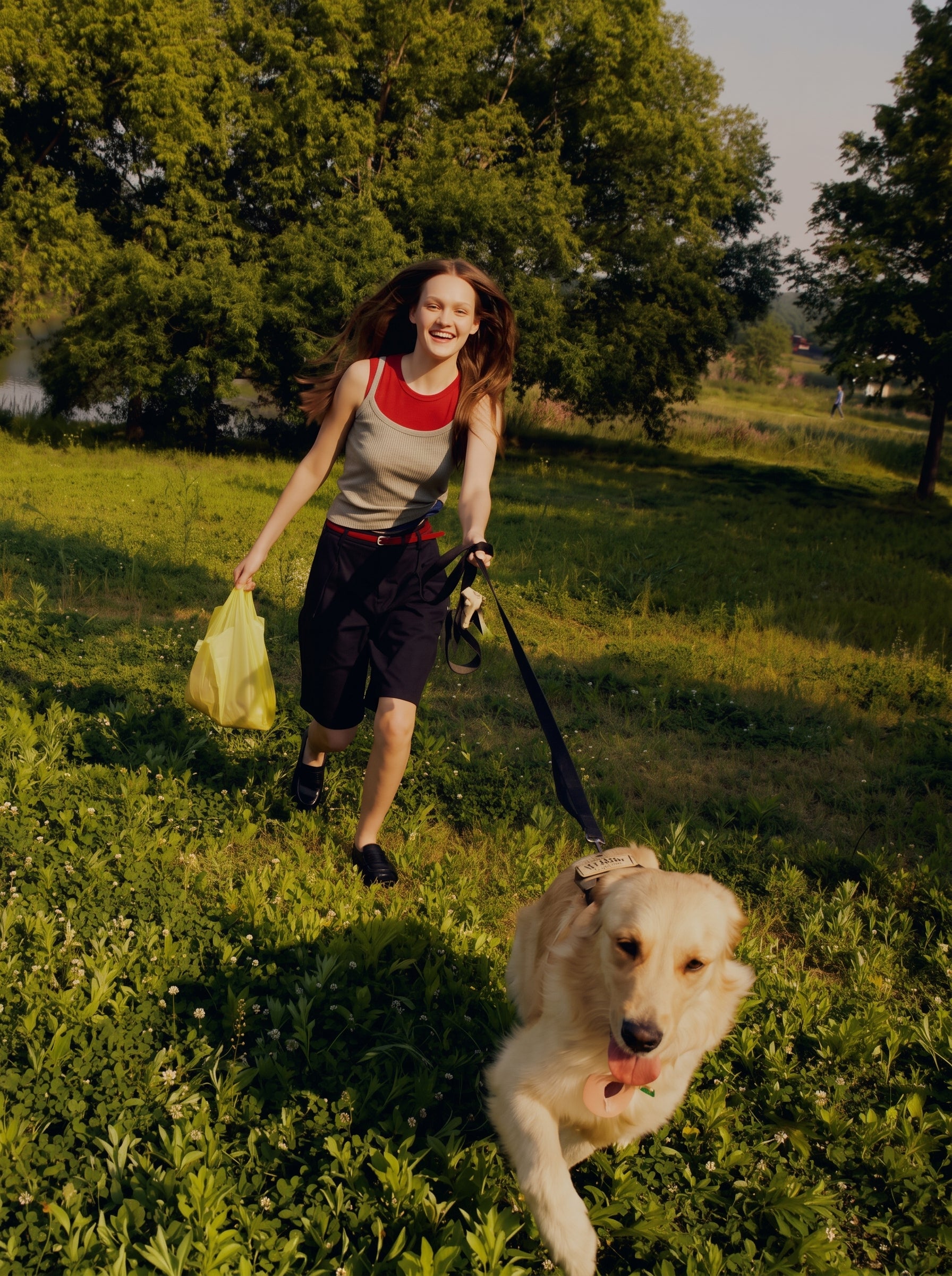 Lachende junge Frau läuft mit Golden Retriever an der Leine über eine sonnige Wiese